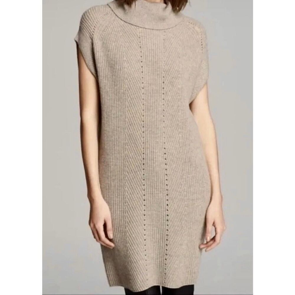 Vince Cowl Neck Sweater Dress Tunic Ribbed Wool Cashmere Gray Tan Size Large